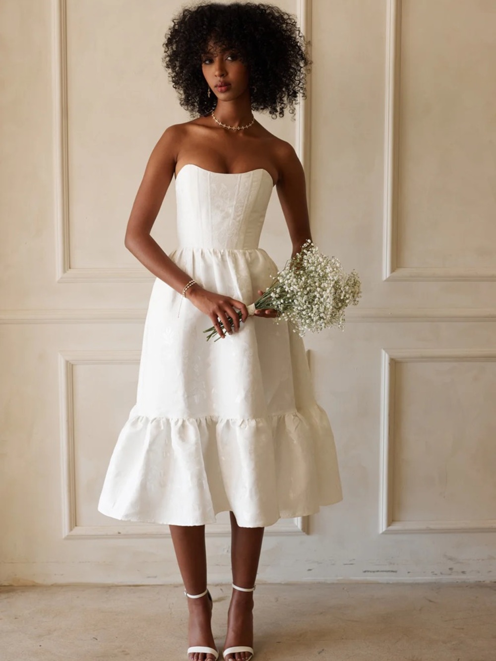 V. Chapman Strapless White Tiered Midi Dress